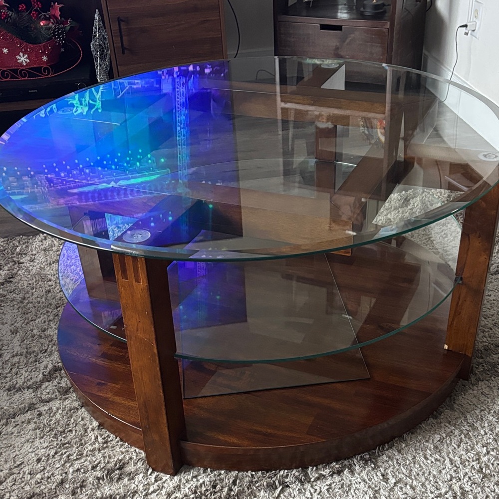 Round Glass and Wood Coffee Table